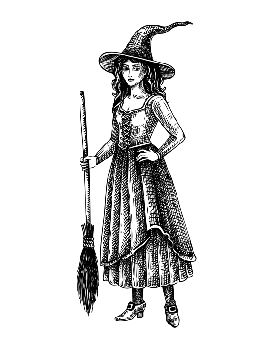 Witch with broom character. Gothic style young woman sketch. Vintage Halloween hand-drawn vector illustration. Victorian fashion art. NOT AI generated
